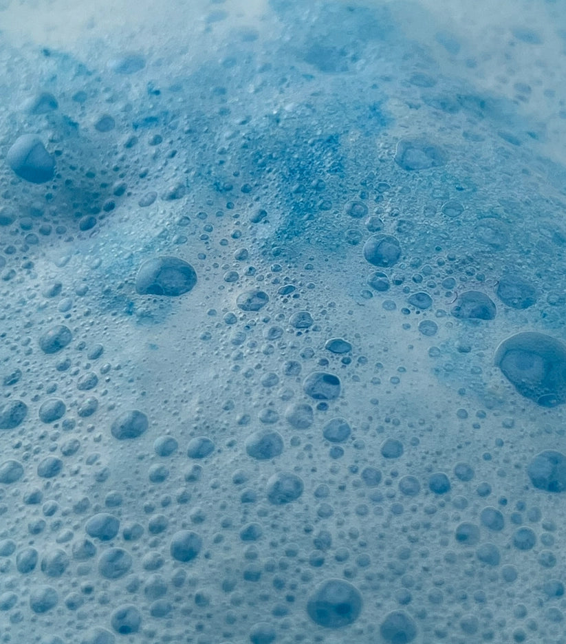Close-up of blue foamy bubbles